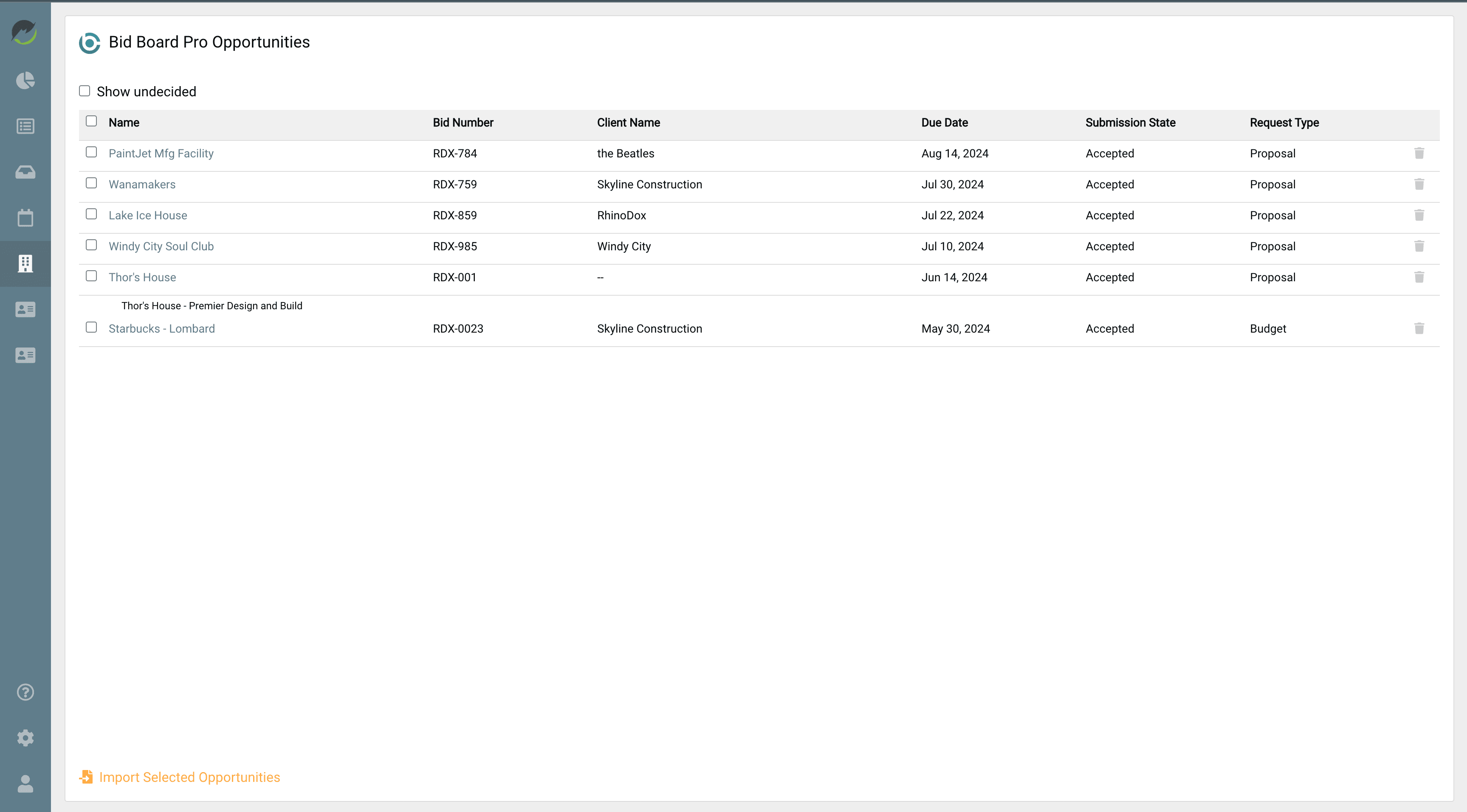 Bid Board Pro integration dashboard showing project data